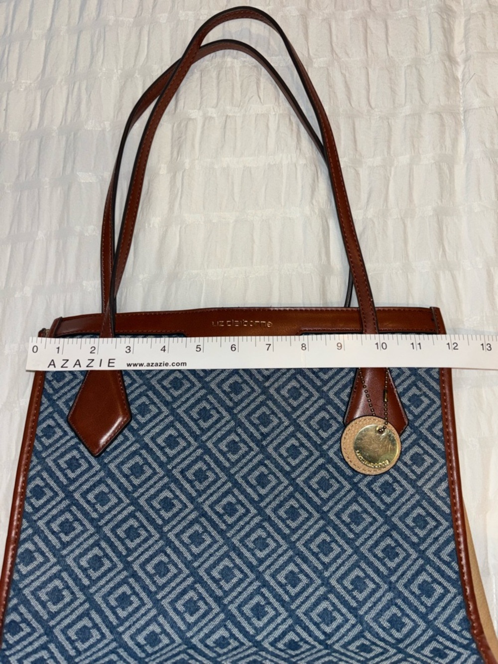 Liz Claiborne Blue Geometric Tote Bag Brown Trim Shoulder Purse - Picture 9 of 9